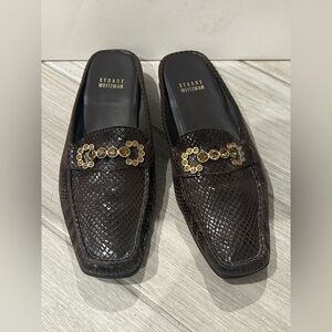 Stuart Weitzman Brown Snake-Embossed Loafers with Gold Accents